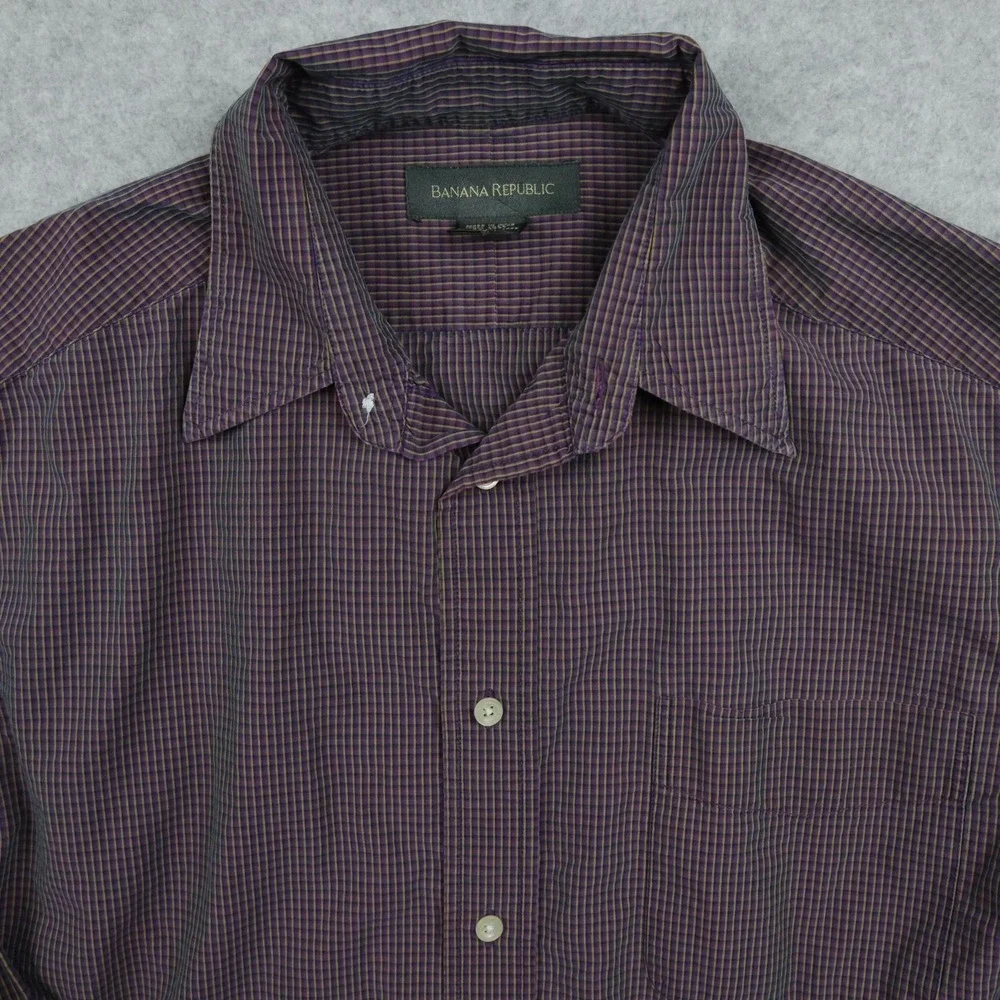 Banana Republic Shirt Mens Medium Pocket Button Up‎ Purple Plaid Long Sleeve